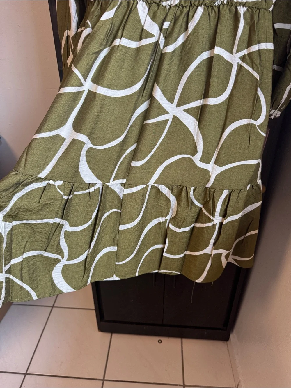 NEW Olive Green Abstract Print V-Neck Tiered Dress